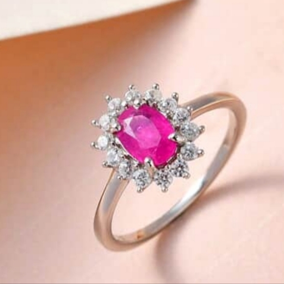 Authentic Montepuez Ruby & White Zircon Ring Platinum over 925 Sz 6! ❤️ - Picture 6 of 13